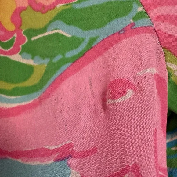 Lilly Pulitzer Silk Blouse S Floral Safari Pink Green Print Peasant Top FLAW - Picture 12 of 12